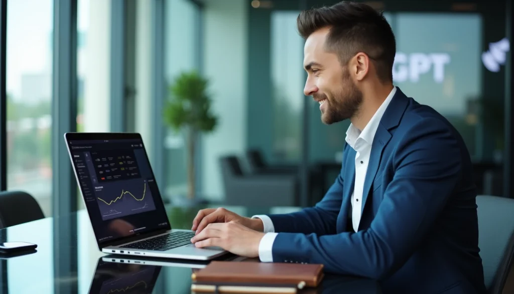 Homem de negócios sorridente trabalhando em um laptop, analisando gráficos financeiros em um ambiente moderno e iluminado. A imagem reflete produtividade e tecnologia.