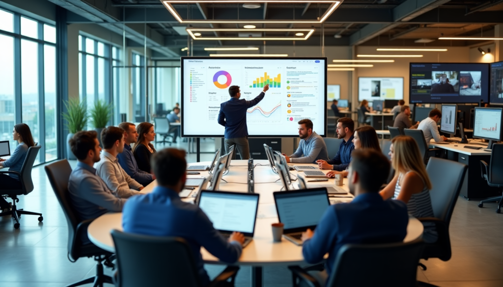 Reunião em escritório moderno com apresentação de gráficos e dados em tela. Profissionais com laptops e dispositivos digitais analisando informações.