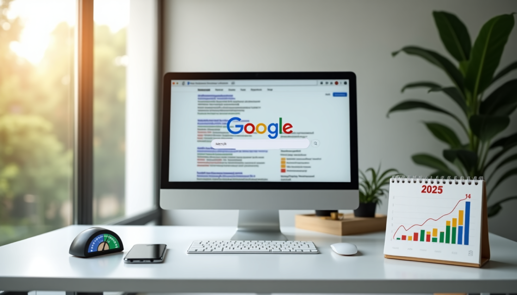 Computador com tela mostrando busca no Google, mesa de trabalho moderna com gráfico e calendário de 2025.