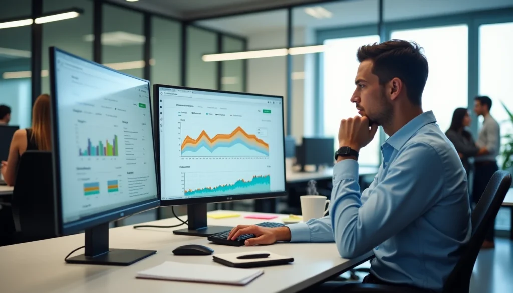 Homem concentrado em análise de dados em escritório moderno com dois monitores exibindo gráficos de SEO de desempenho.
